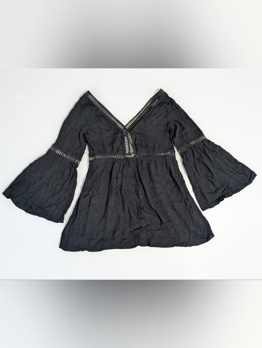 New Look Black Bell Sleeve Mini Dress M Whimsigoth Boho Ladder Crochet Witchy V